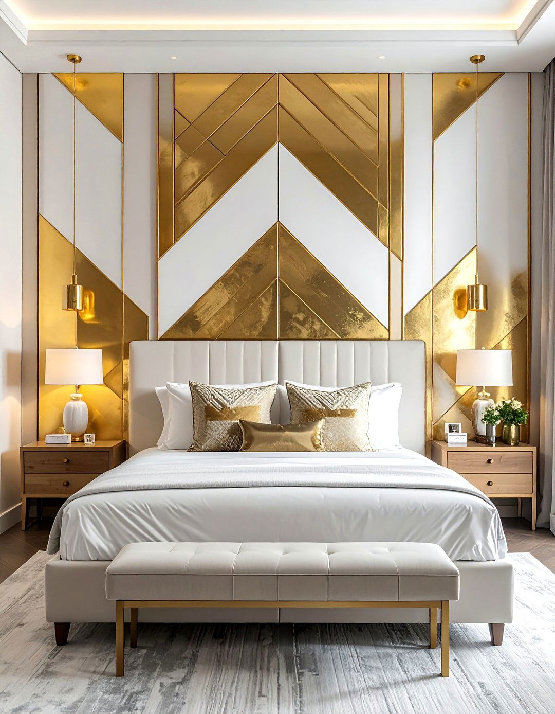 Gold Geometric Accent Wall - 25 White and Gold Bedroom Ideas for a Luxurious Look