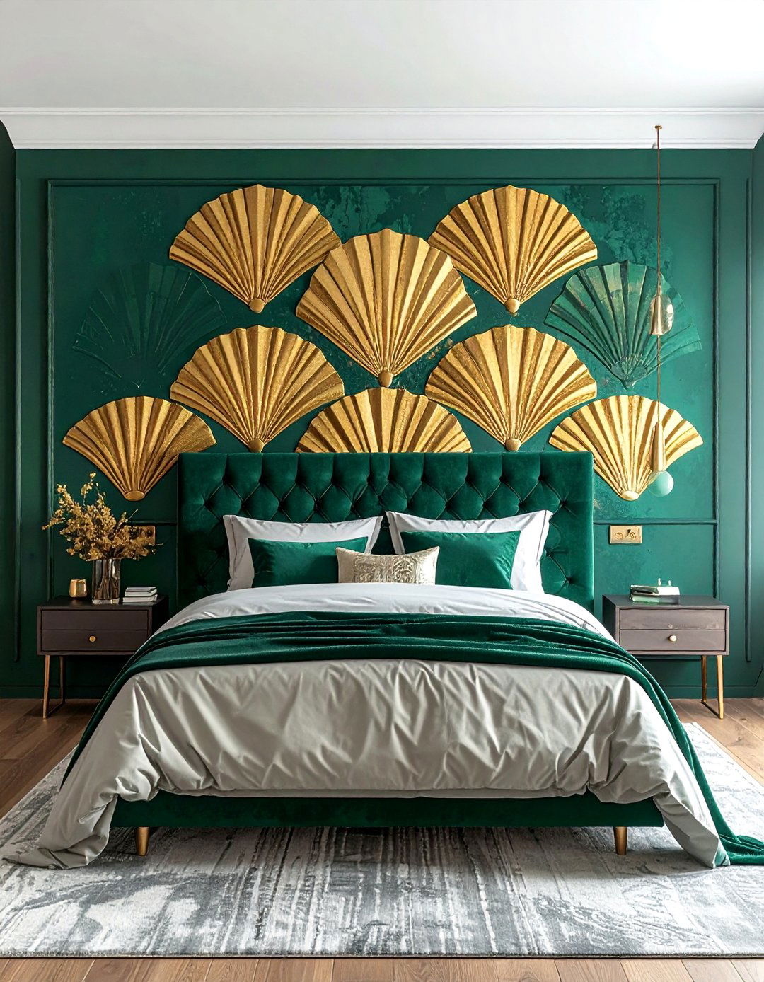 Gold Geometric Wallpaper Featuring Emerald Motifs - 20 Emerald Green and Gold Bedroom Ideas for a Luxe Look