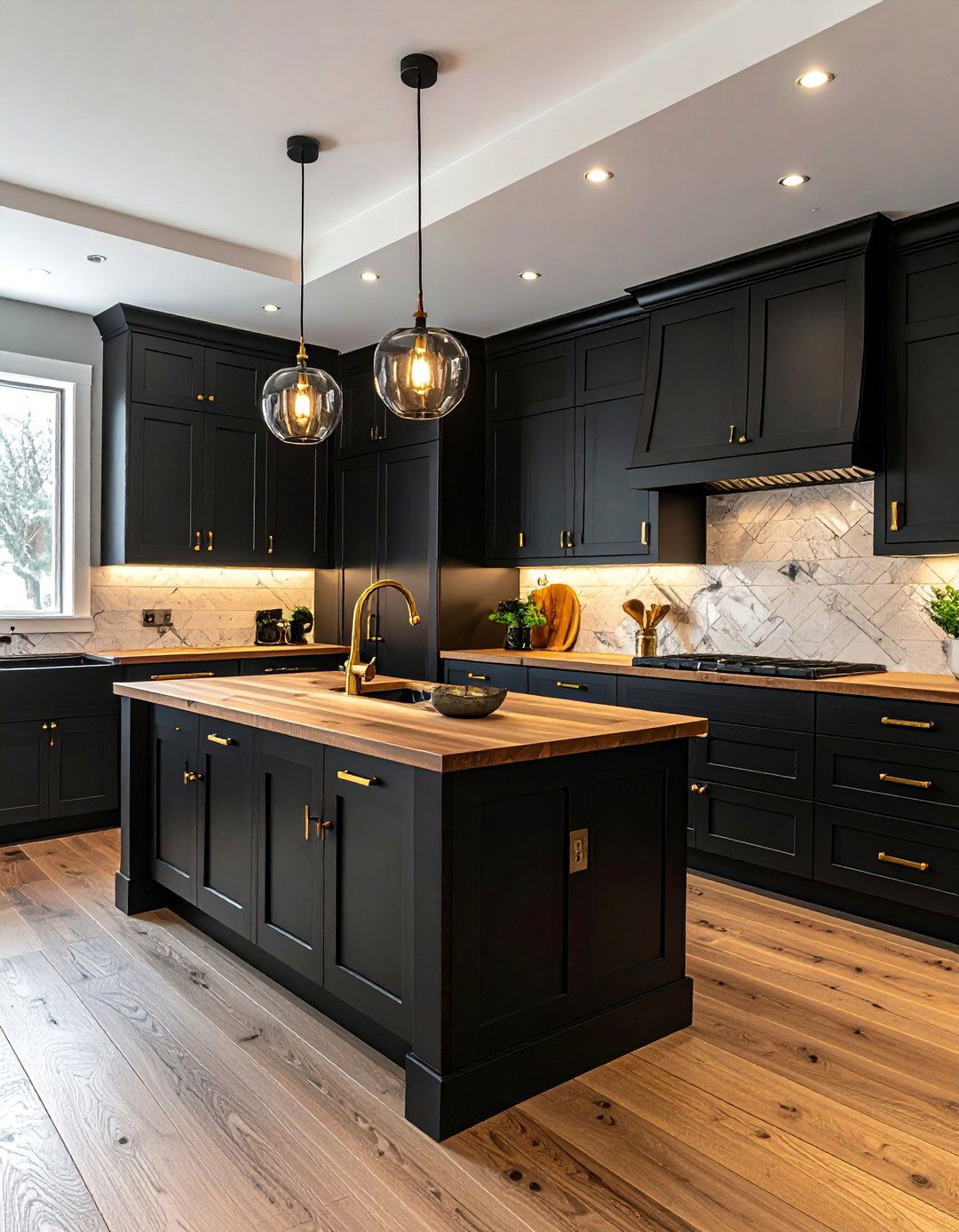 Gold Hardware on Black Cabinets with Wood Tops - 25 Stunning Kitchen Ideas with Black Cabinets & Wood Countertops