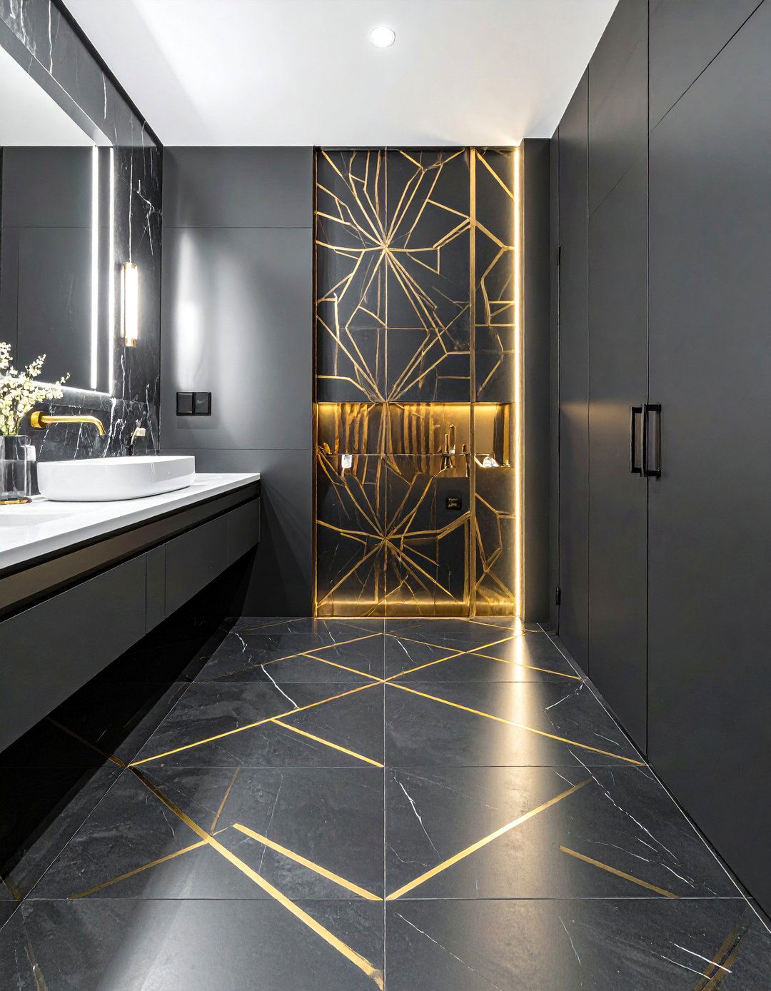 Gold Inlay in Black Flooring - 20 Black and Gold Bathroom Ideas for a Luxurious Feel