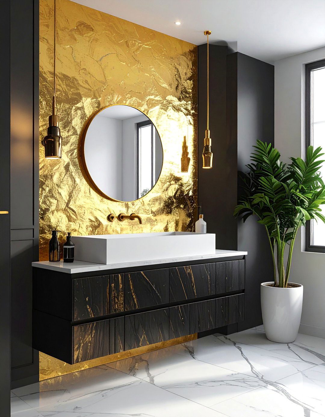 Gold Leaf Accent Wall - 20 Black and Gold Bathroom Ideas for a Luxurious Feel