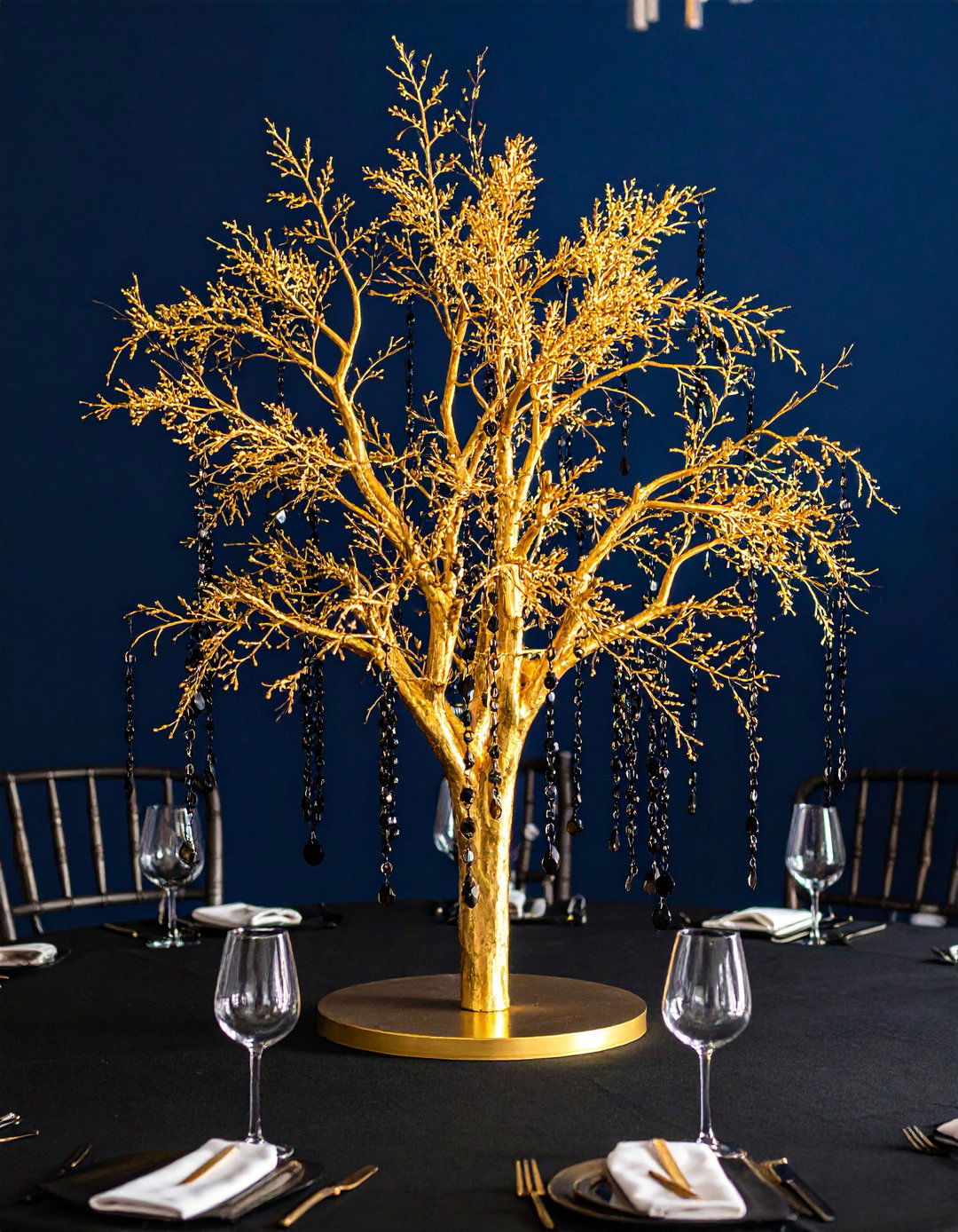 Gold Manzanita Branch with Hanging Black Crystals Centerpiece - 20 Black and Gold Centerpiece Ideas for Elegant Tables
