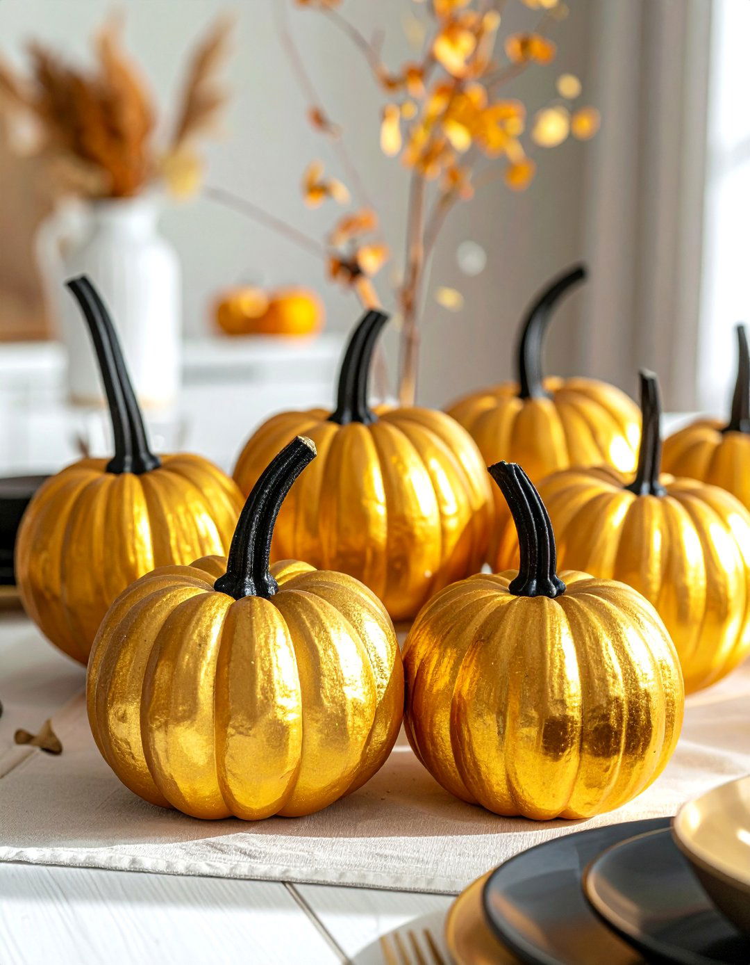 Gold Painted Pumpkins with Black Stems Centerpiece - 20 Black and Gold Centerpiece Ideas for Elegant Tables