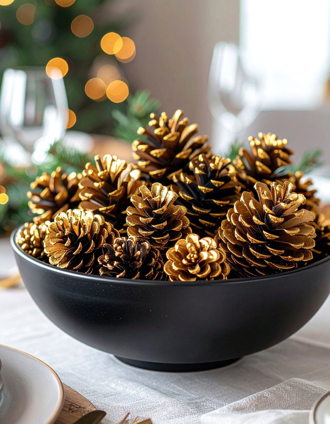 Gold Spray Painted Pinecones in a Black Bowl Centerpiece - 20 Black and Gold Centerpiece Ideas for Elegant Tables