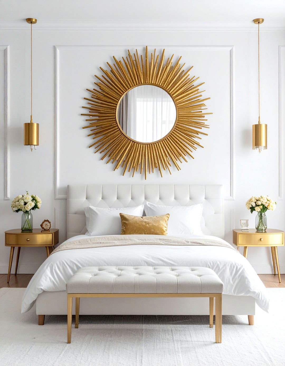 Gold Sunburst Mirror Above the Bed - 25 White and Gold Bedroom Ideas for a Luxurious Look