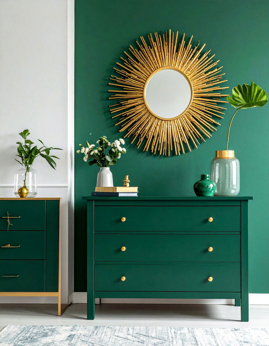 Gold Sunburst Mirror Over an Emerald Dresser - 20 Emerald Green and Gold Bedroom Ideas for a Luxe Look