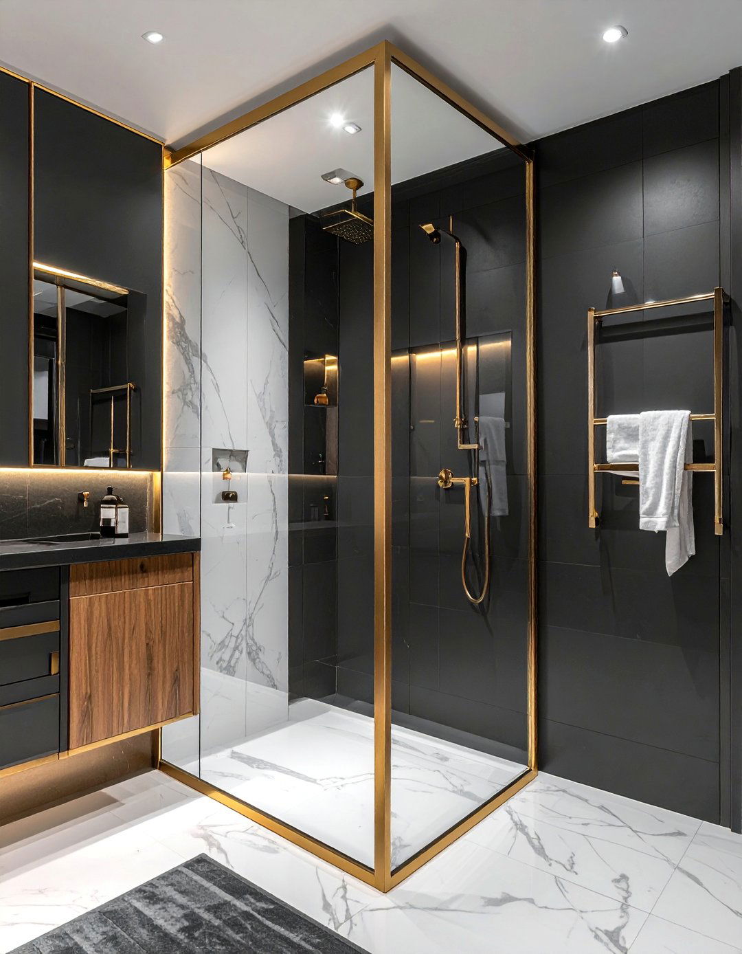 Gold Trimmed Shower Doors - 20 Black and Gold Bathroom Ideas for a Luxurious Feel