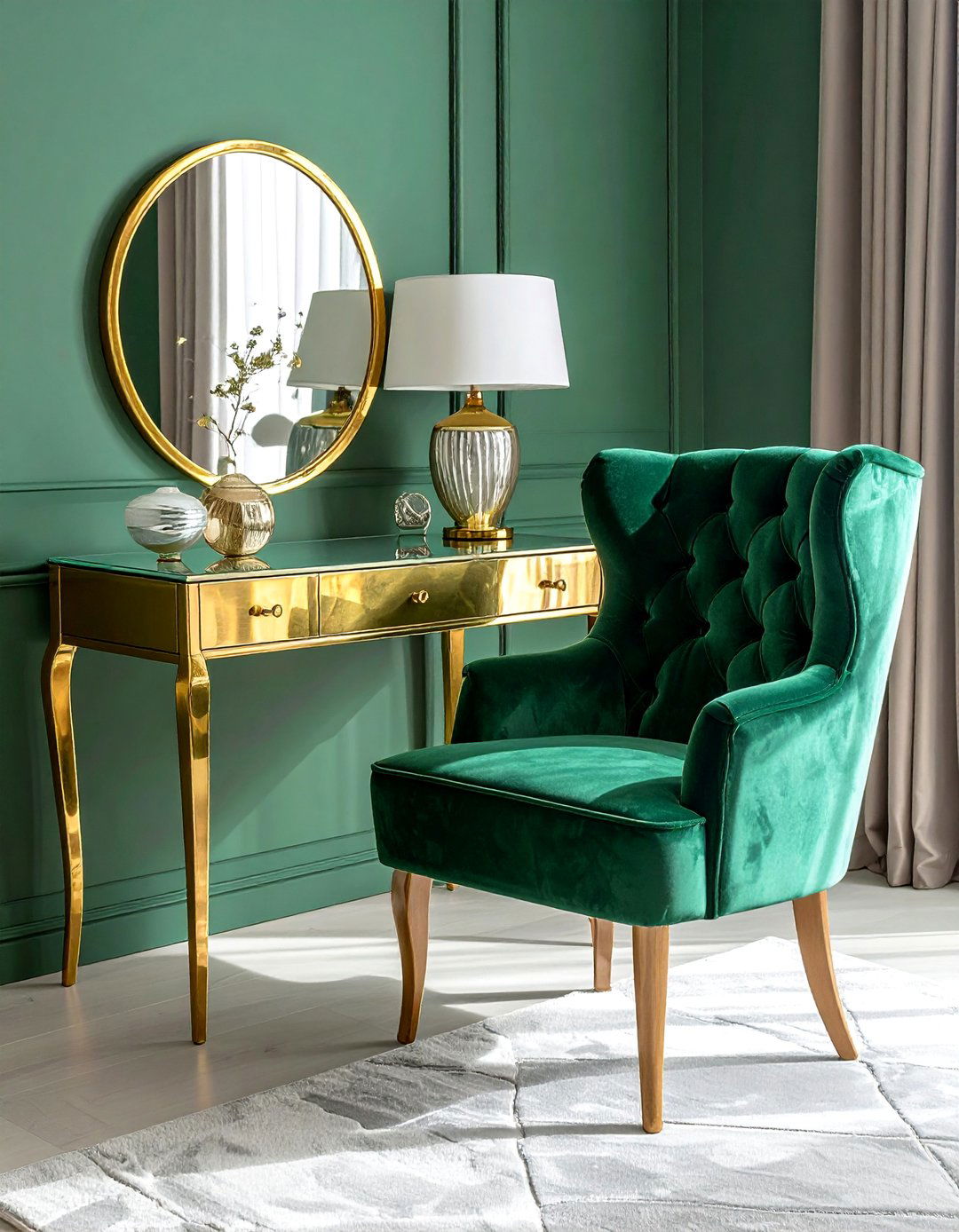 Gold Vanity Table with an Emerald Green Chair - 20 Emerald Green and Gold Bedroom Ideas for a Luxe Look