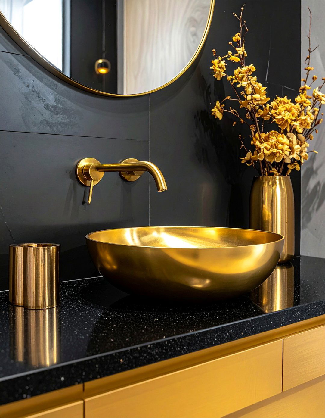 Gold Vessel Sinks on a Black Countertop - 20 Black and Gold Bathroom Ideas for a Luxurious Feel