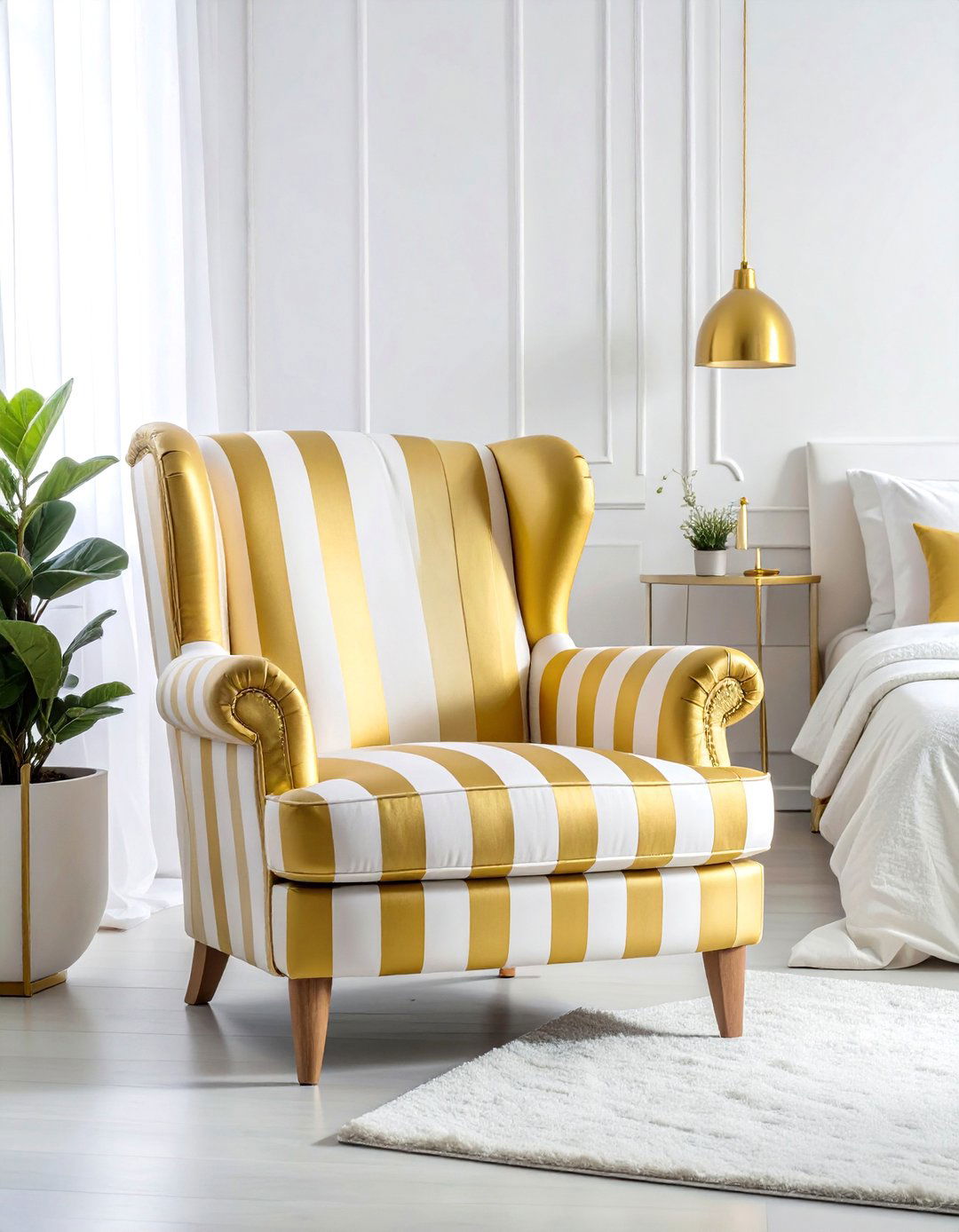 Gold and White Striped Accent Chair - 25 White and Gold Bedroom Ideas for a Luxurious Look