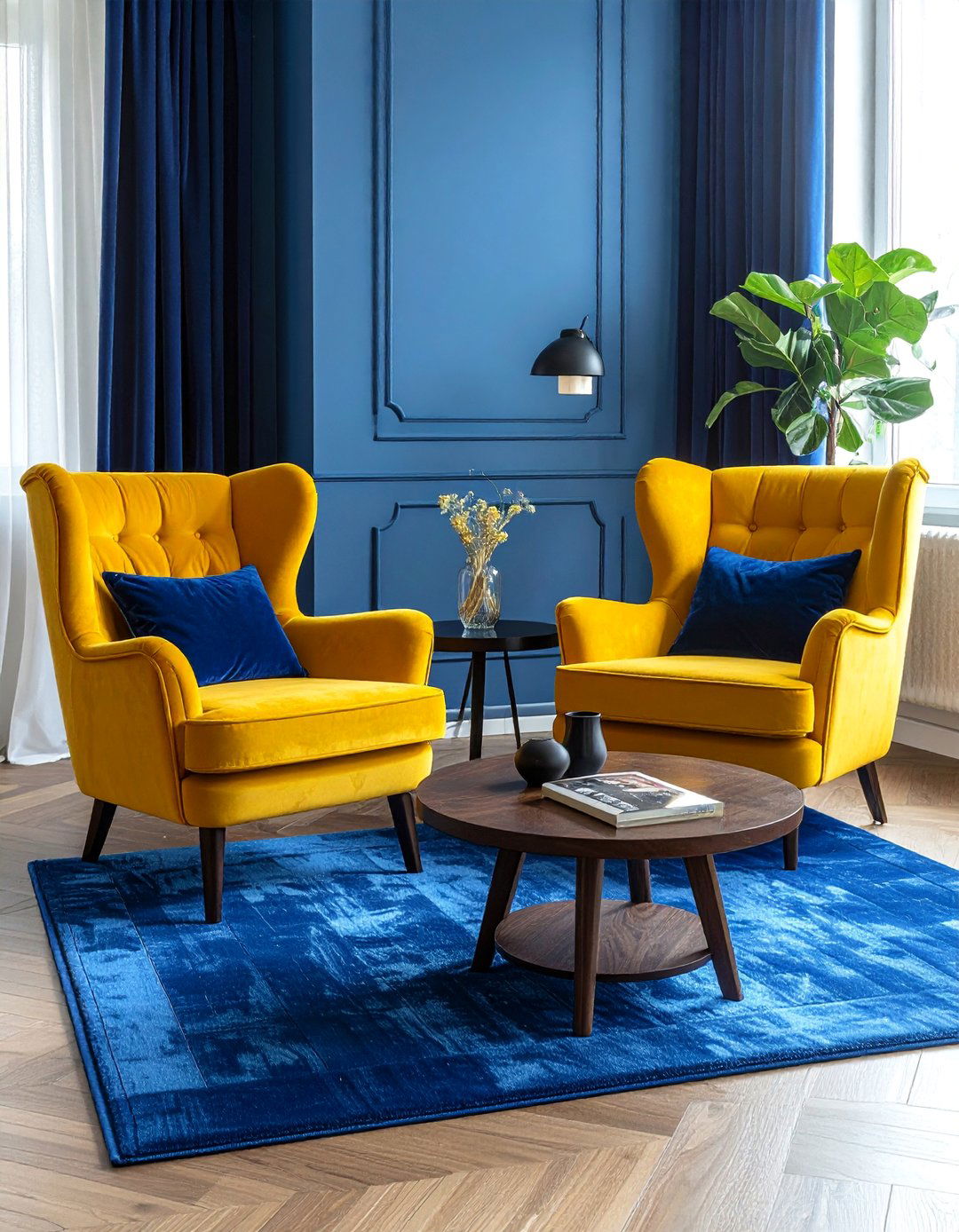 Goldenrod Yellow Chairs with a Royal Blue Rug - 15 Yellow and Blue Living Room Ideas for Cheer