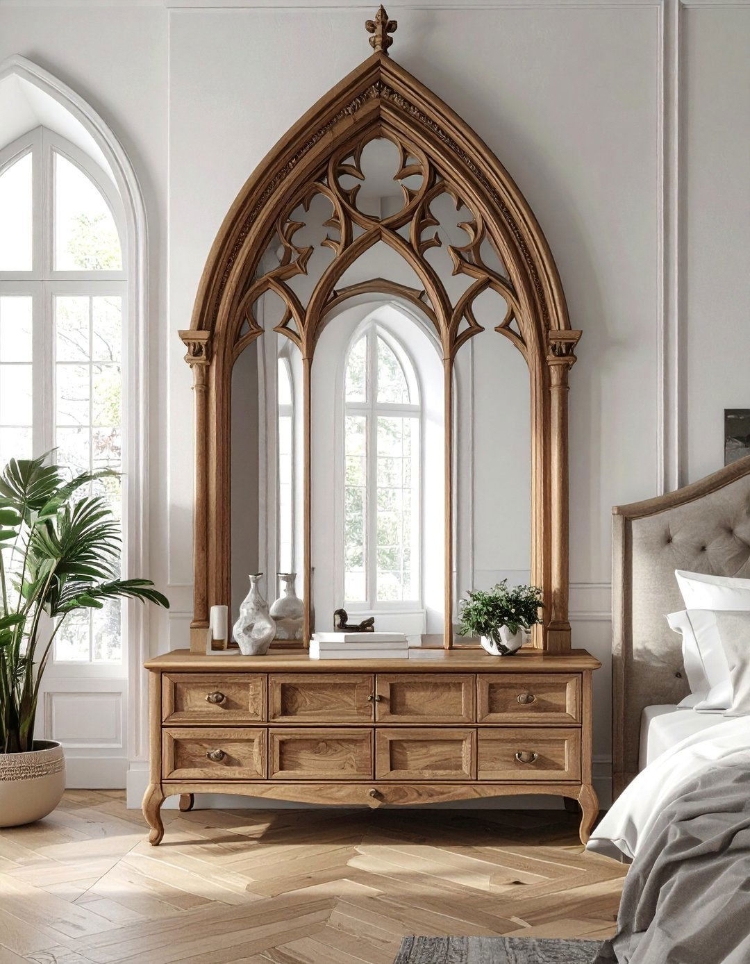 Gothic Arch Cathedral Mirrors - 30 Mirror Behind Nightstand Ideas for Stylish Bedrooms