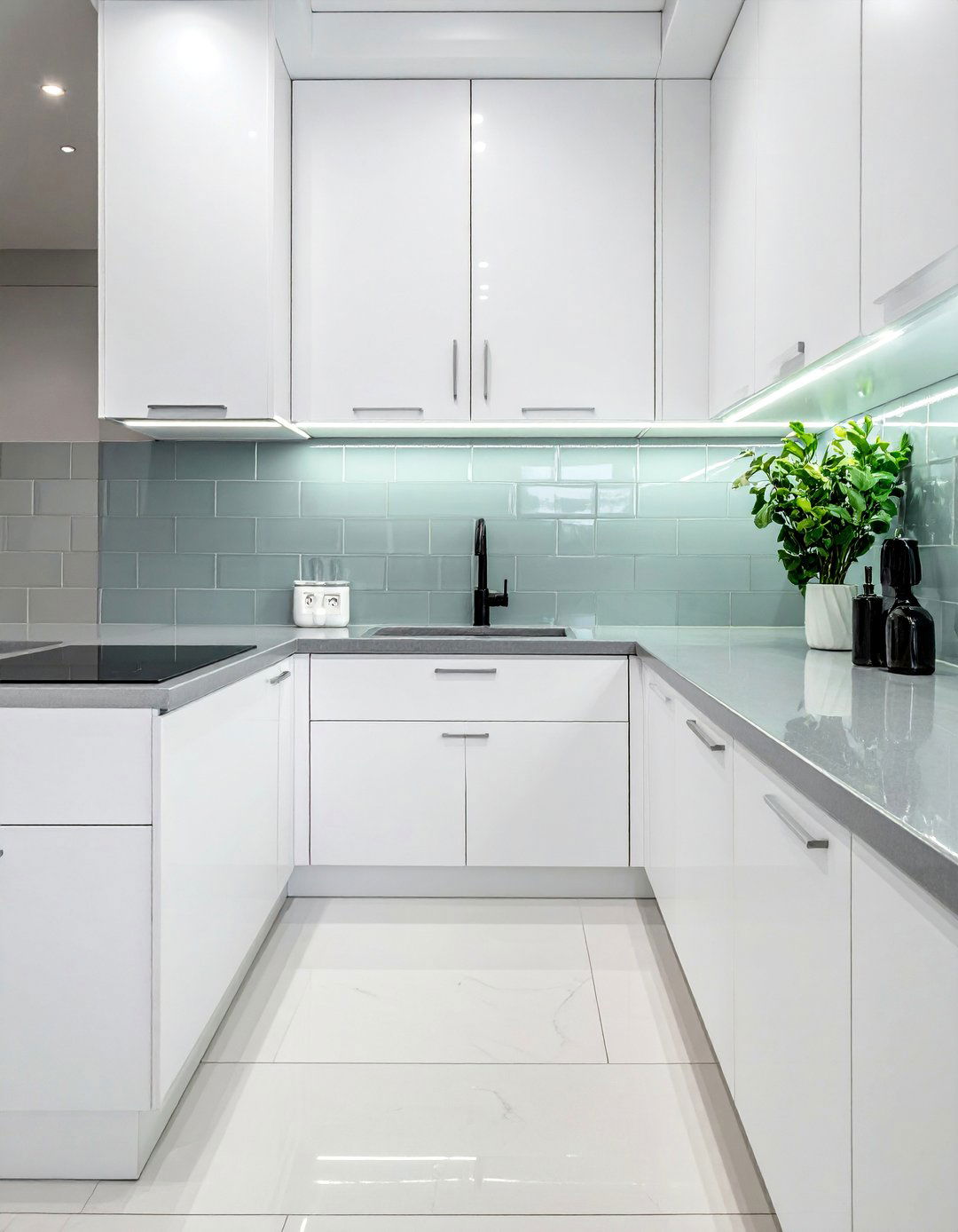 Gray Glass Subway Tile Accent - 40 Kitchen Backsplash Ideas for White Cabinets