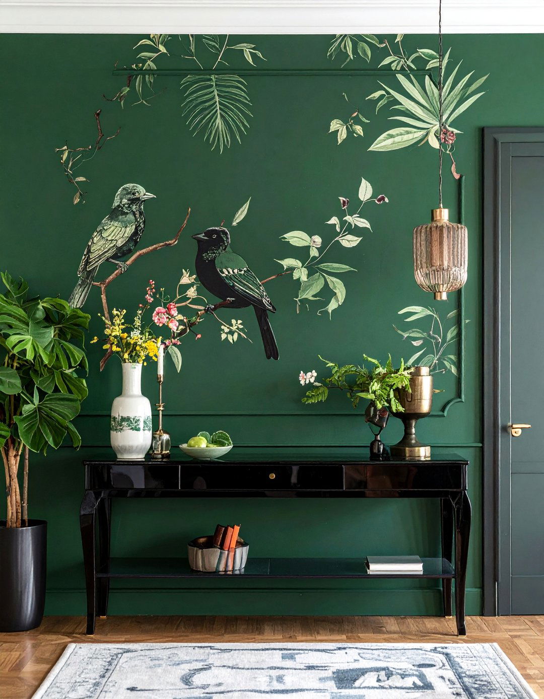 Green Chinoiserie Wallpaper with Black Furniture - 30 Black and Green Living Room Ideas for a Luxe Feel