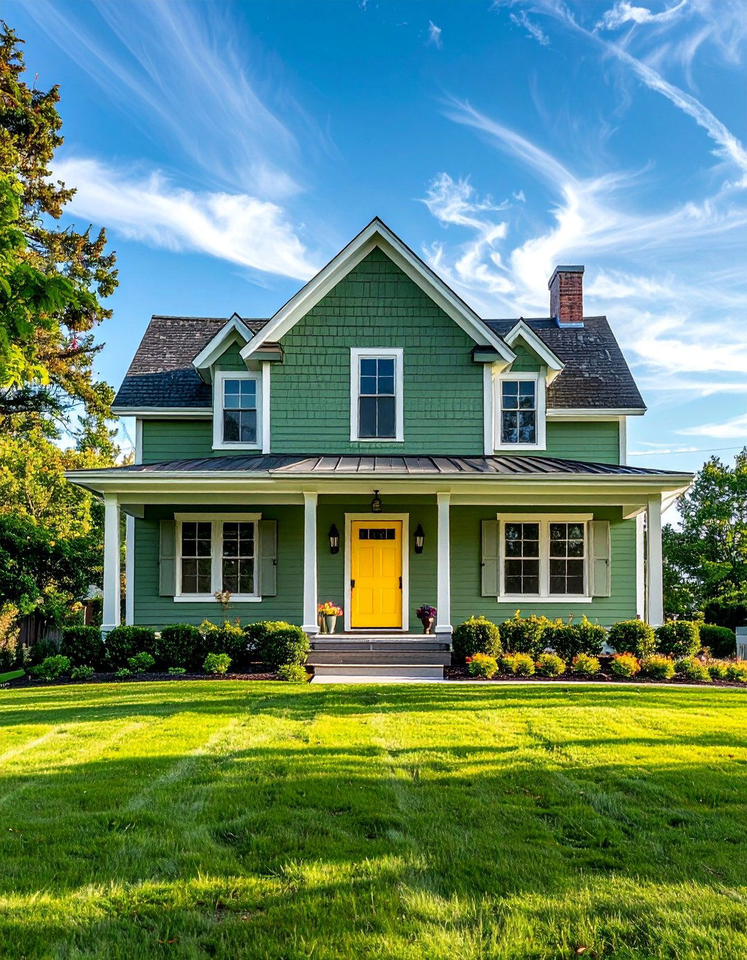 Green Farmhouse with Bright Yellow Door - 25 Farmhouse Green Exterior Home Ideas for Curb Appeal