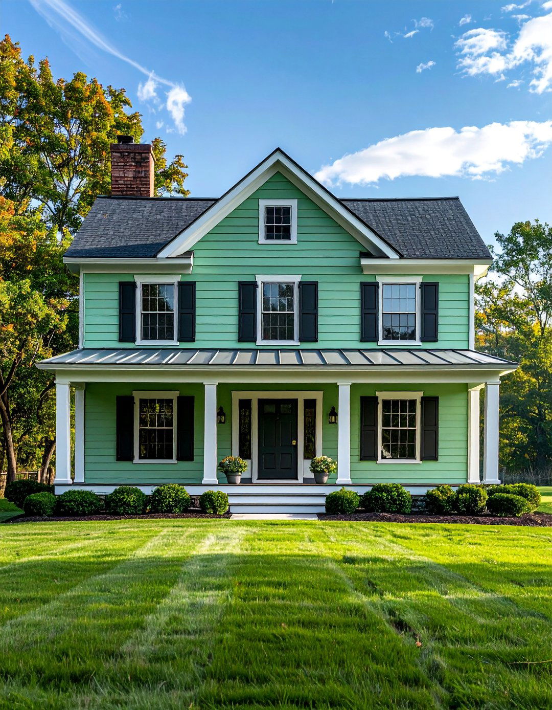 Green Farmhouse with Contrasting Shutters - 25 Farmhouse Green Exterior Home Ideas for Curb Appeal