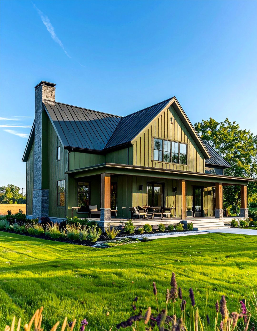 Green Farmhouse with Vertical Siding - 25 Farmhouse Green Exterior Home Ideas for Curb Appeal