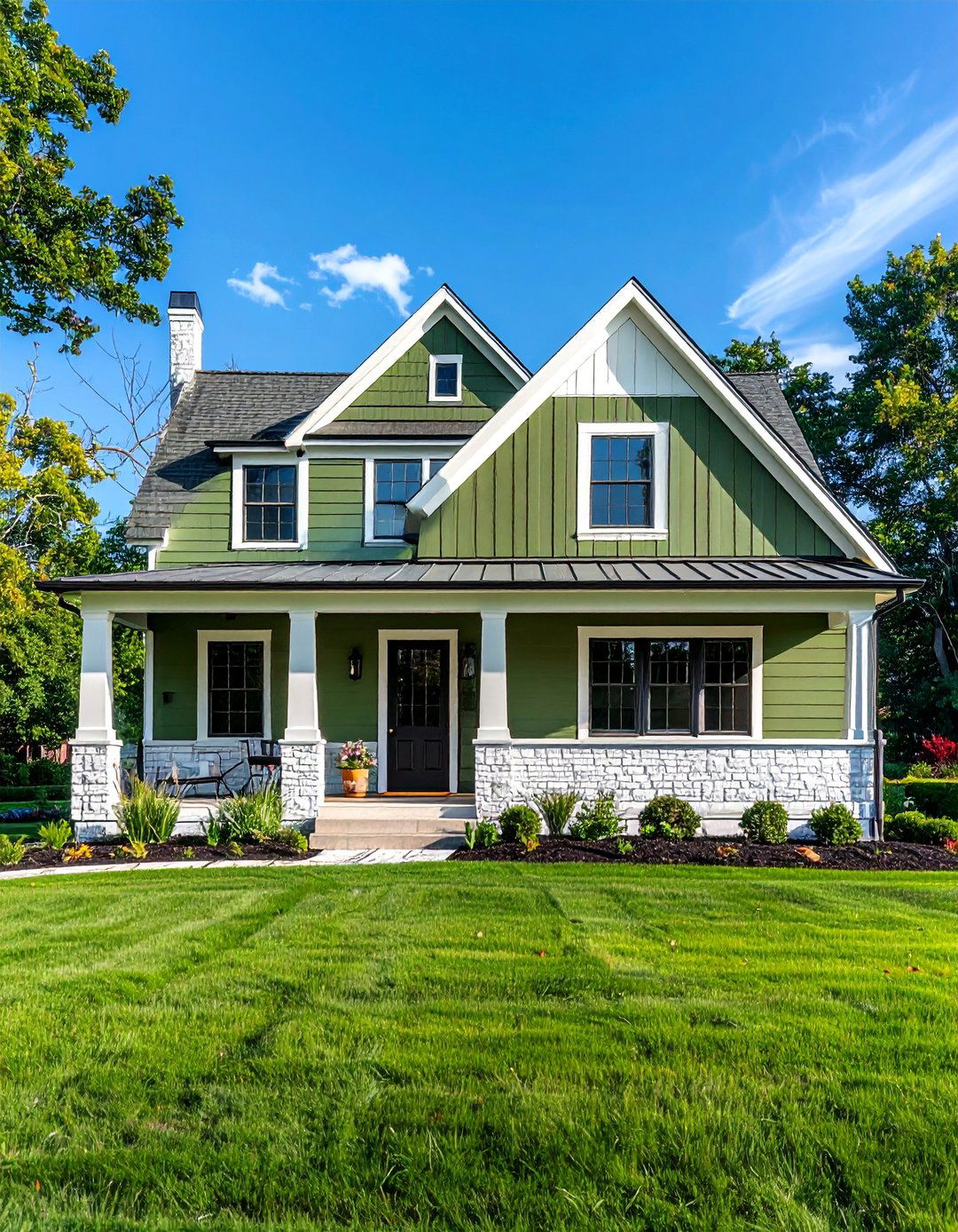 Green Farmhouse with White Painted Brick - 25 Farmhouse Green Exterior Home Ideas for Curb Appeal