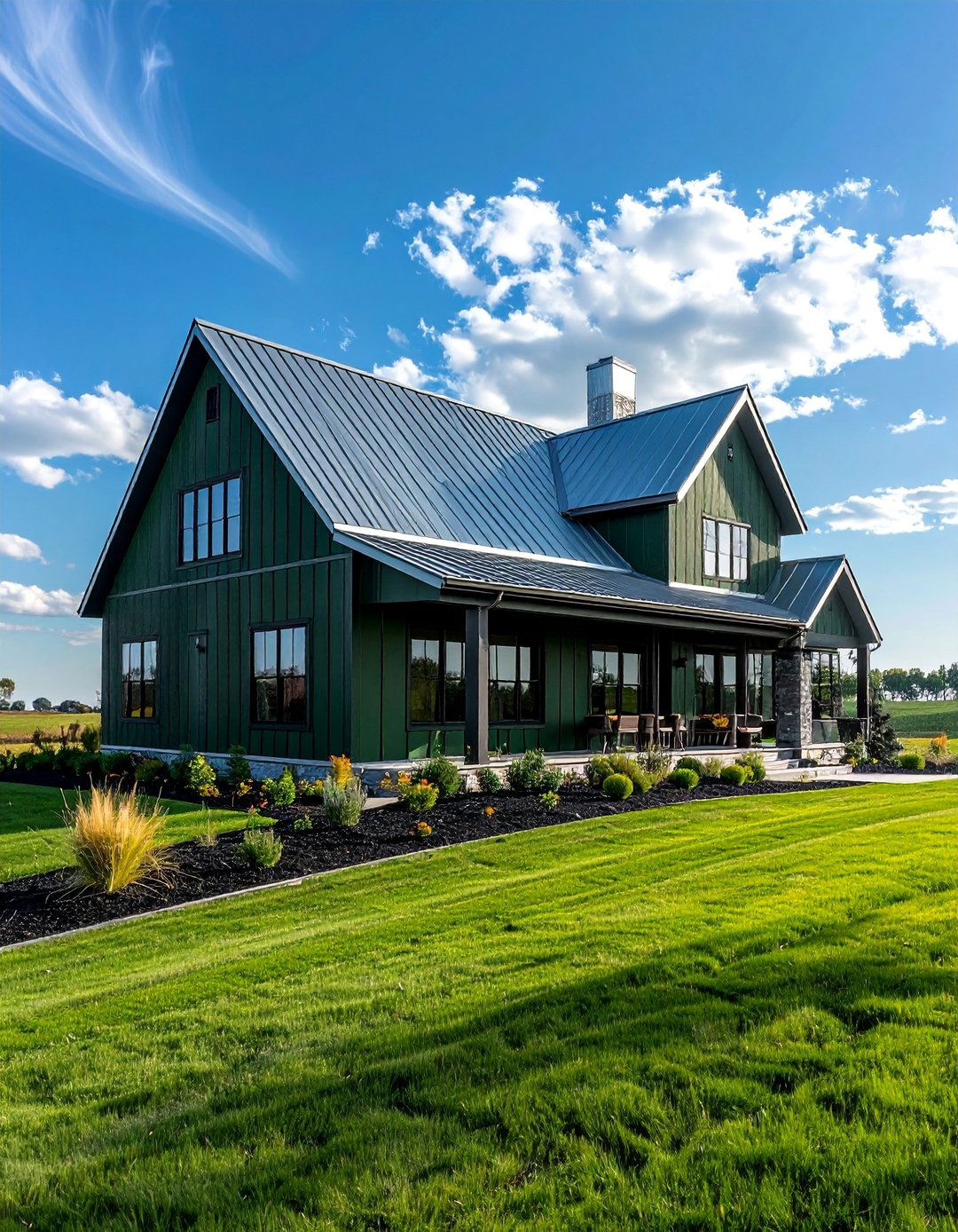 Green Farmhouse with a Galvalume Roof - 25 Farmhouse Green Exterior Home Ideas for Curb Appeal