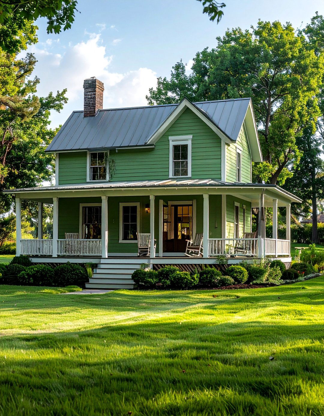 Green Farmhouse with a Wraparound Porch - 25 Farmhouse Green Exterior Home Ideas for Curb Appeal