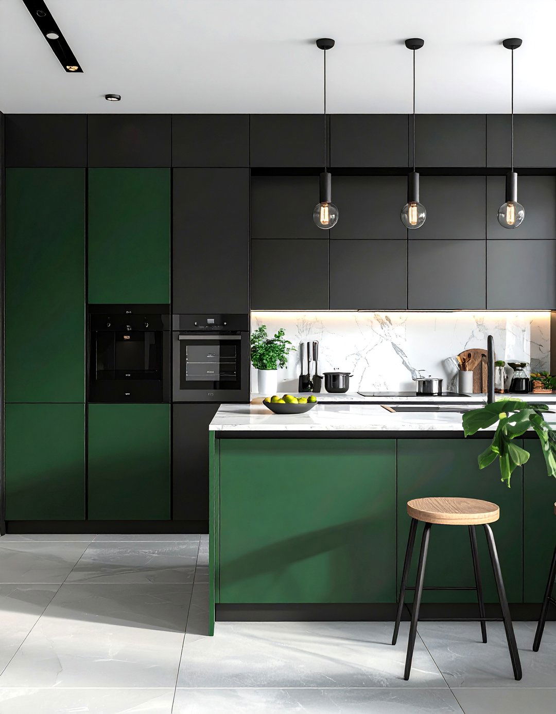 Green Pantry Door in a Mostly Black Kitchen - 30 Black and Green Kitchen Ideas for a Modern Twist