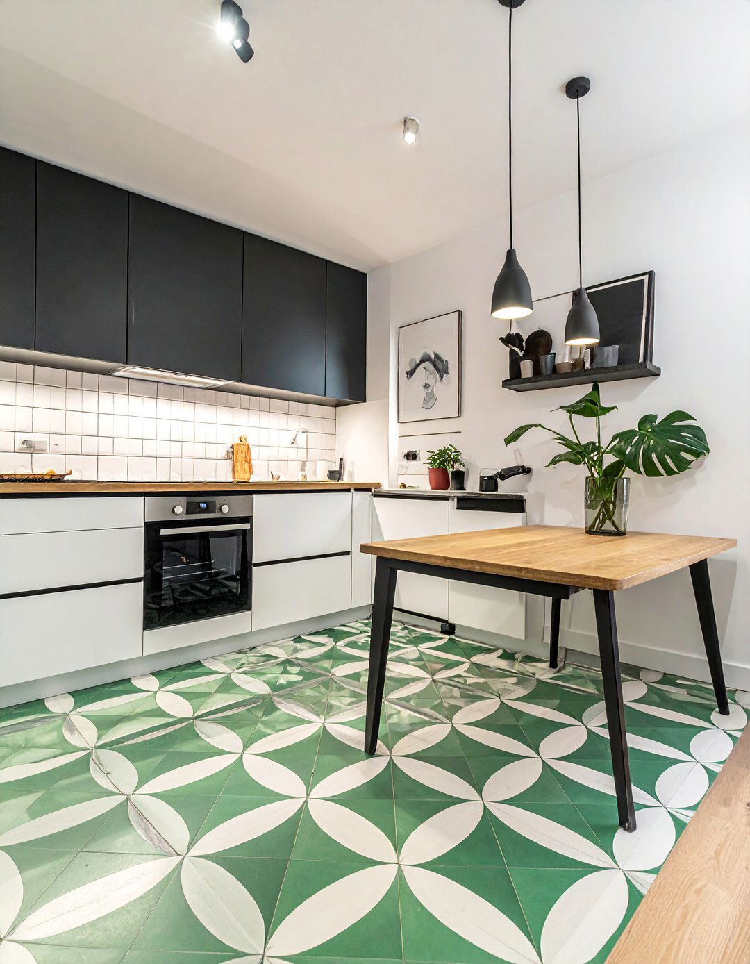 Green Patterned Floor Tiles in a Black Kitchen - 30 Black and Green Kitchen Ideas for a Modern Twist