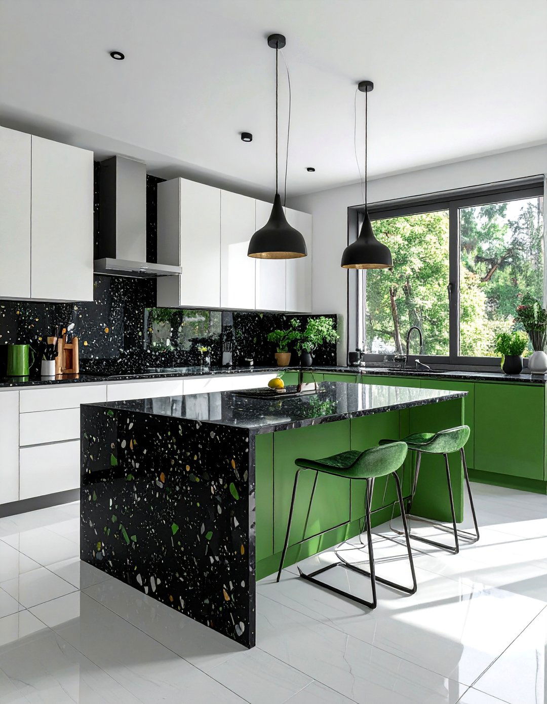 Green and Black Terrazzo Surfaces - 30 Black and Green Kitchen Ideas for a Modern Twist