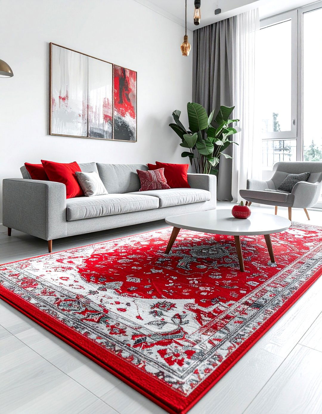 Grey Carpet with a Single Red Statement Rug - 25 Red and Grey Living Room Ideas for a Modern Look