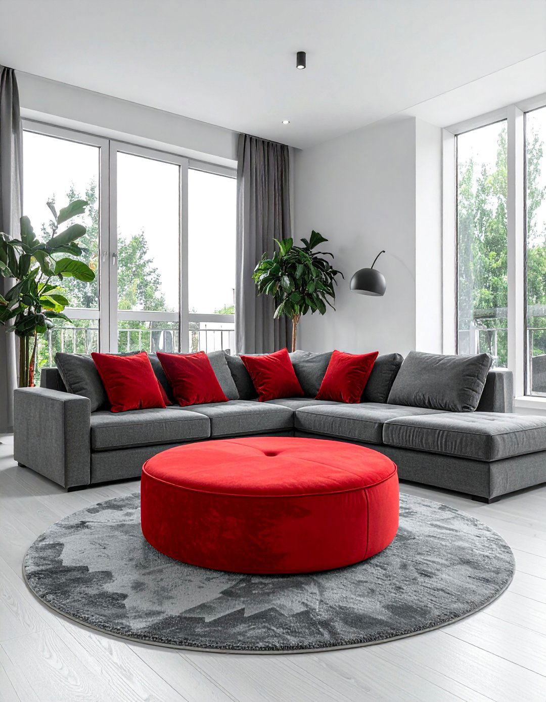 Grey Modular Sofa with a Red Ottoman - 25 Red and Grey Living Room Ideas for a Modern Look