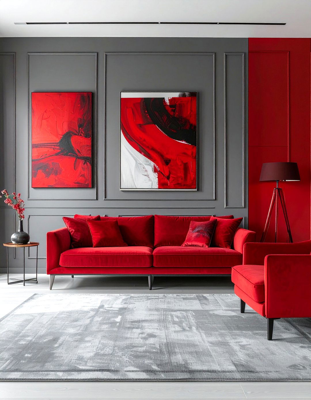Grey Paneling with Red Artwork Inserts - 25 Red and Grey Living Room Ideas for a Modern Look