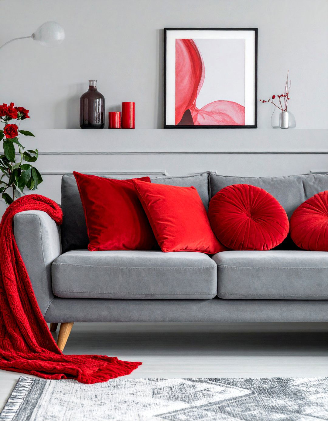 Grey Sofa with Red Throw Pillows and a Blanket - 25 Red and Grey Living Room Ideas for a Modern Look
