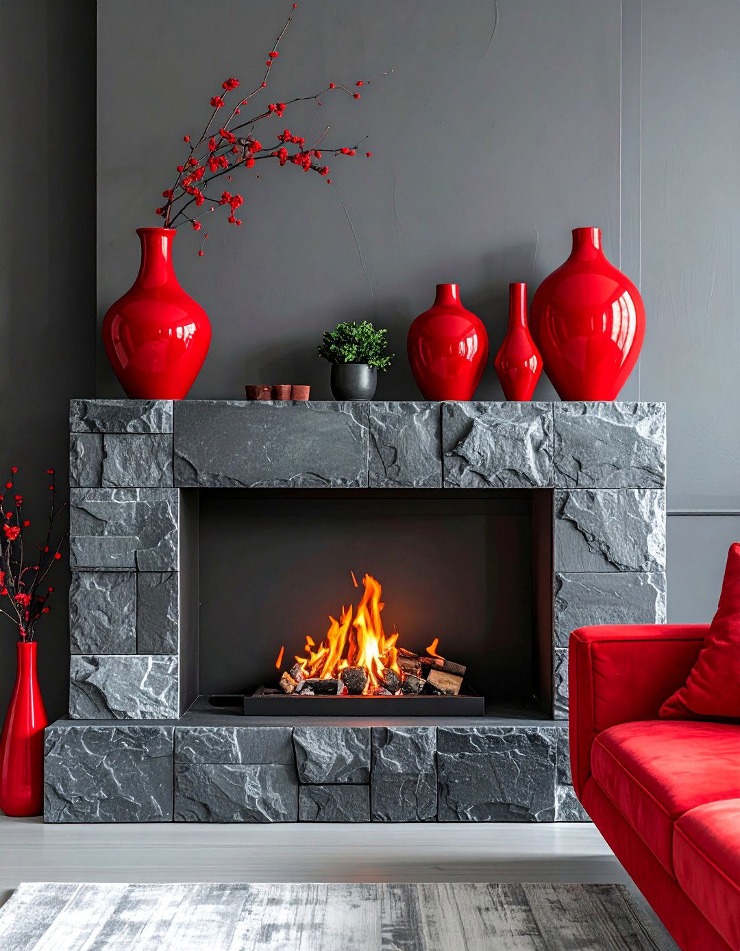 Grey Stone Fireplace with Red Mantel Decor - 25 Red and Grey Living Room Ideas for a Modern Look
