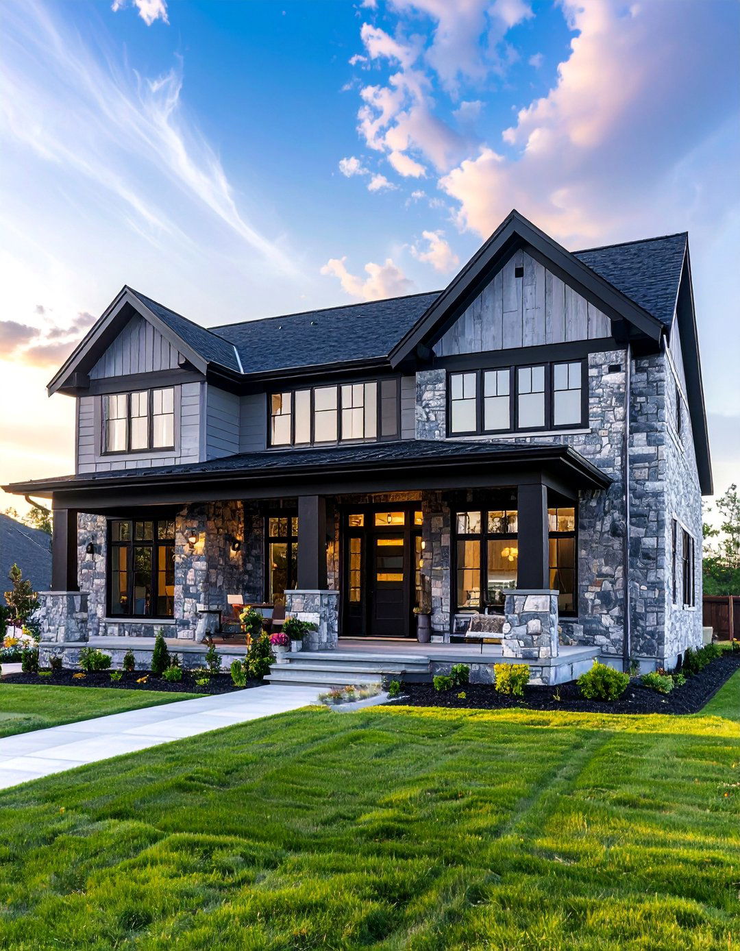 Grey Stone with Black Trim - 30 Stunning Stone Exterior Home Ideas for Curb Appeal