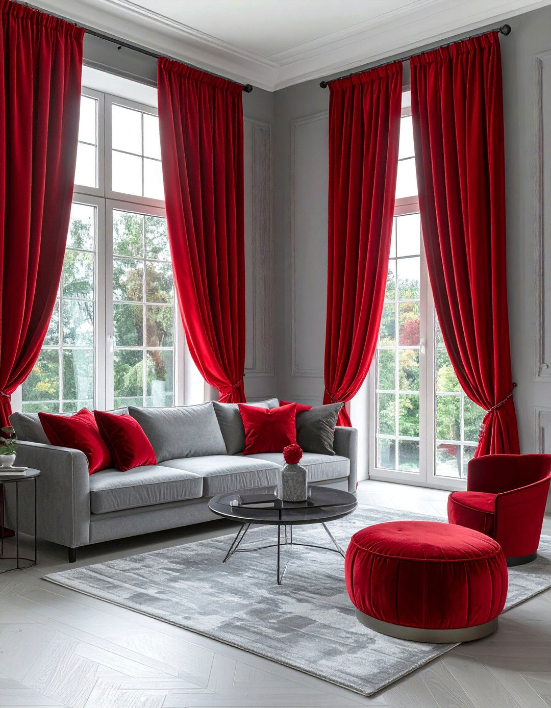 Grey Walls with Red Curtains - 25 Red and Grey Living Room Ideas for a Modern Look