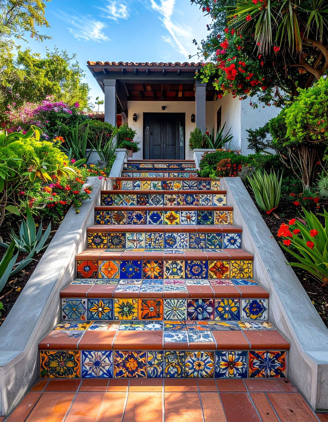 Hand Painted Tile Accents - 20 Front Yard Spanish Style Landscaping Ideas
