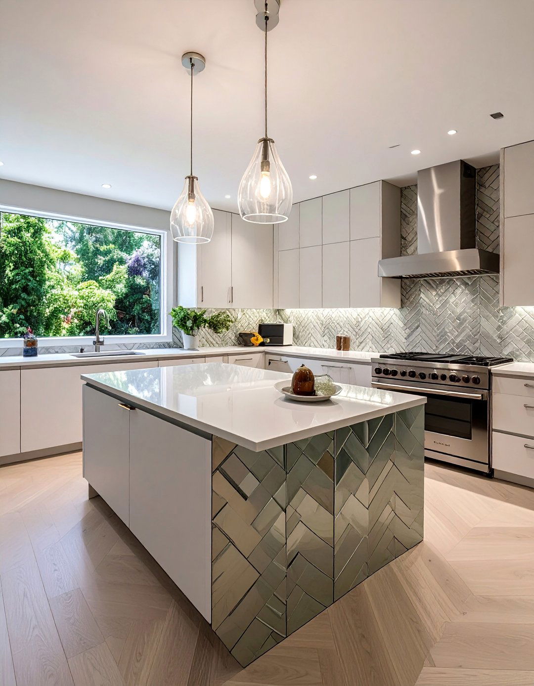 Herringbone Mirror Tile Pattern - 30 Mirrored Backsplash Kitchen Ideas for a Sleek Look