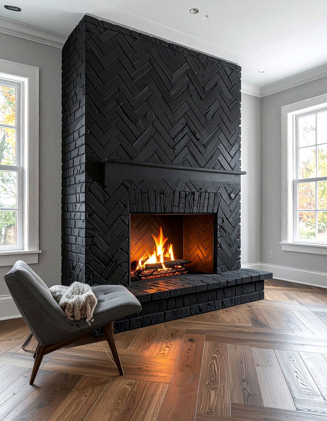 Herringbone Pattern Black Brick Fireplace - 30 Black Brick Fireplace Ideas to Elevate Your Space