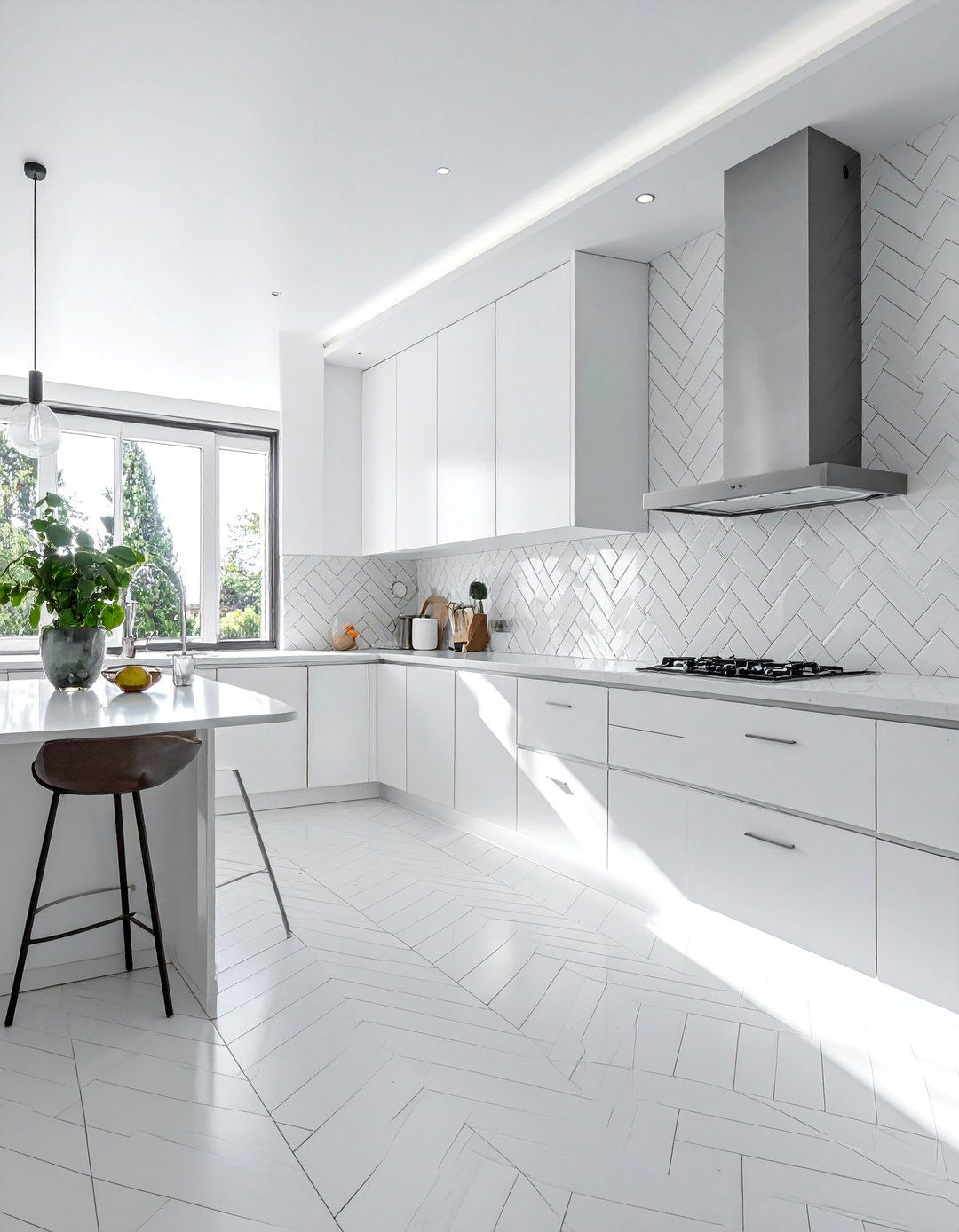 Herringbone Pattern White Tiles - 40 Kitchen Backsplash Ideas for White Cabinets