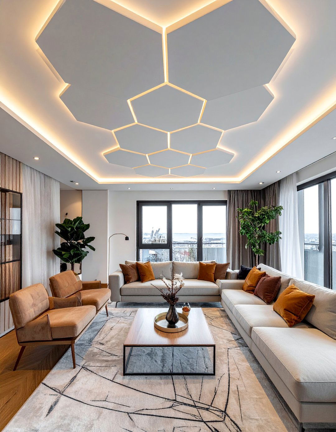 Hexagonal Pattern Ceiling with Geometric Precision - 20 Living Room False Ceiling Design Ideas for Elegance