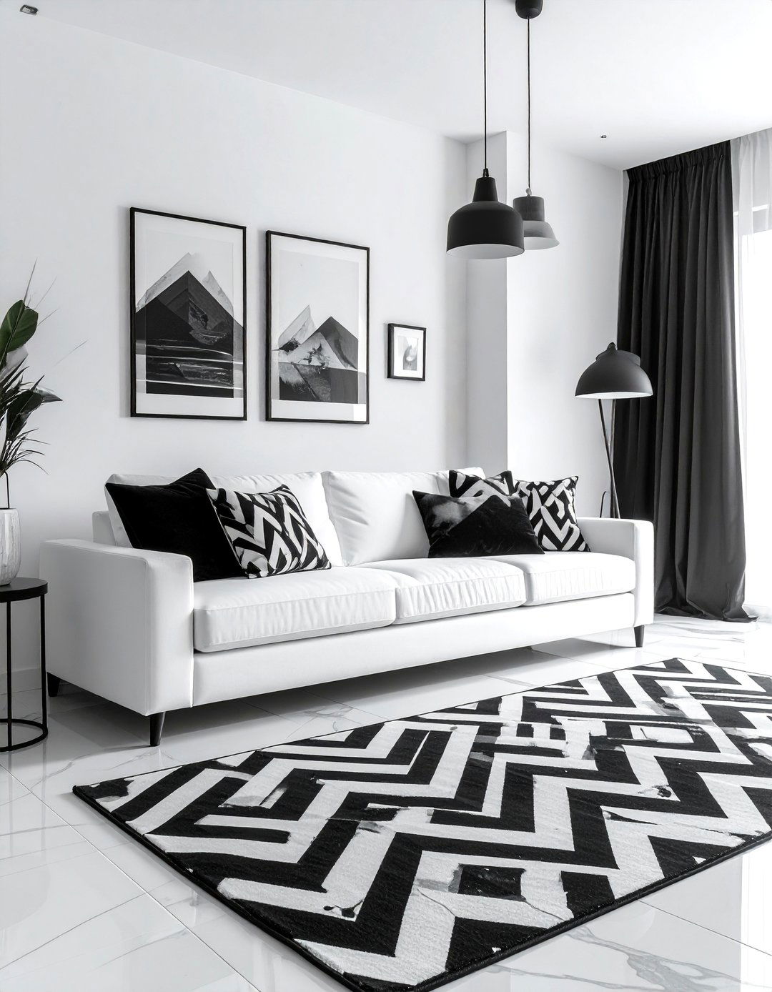 High Contrast Geometric Patterned Black and White Living Room - 30 Black and White Living Room Ideas for Timeless Style