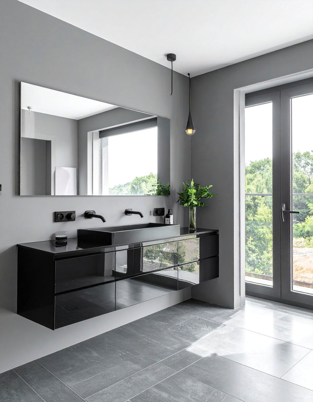 High Gloss Black Accents in a Grey Bathroom - 20 Black and Grey Bathroom Ideas for a Stylish Retreat