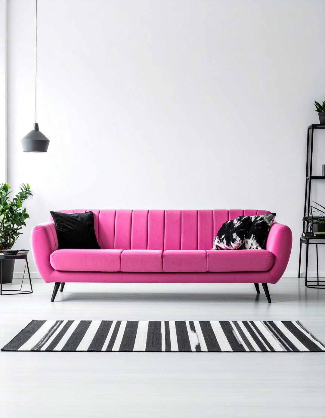 Hot Pink Couch with Black and White Decor - 20 Pink Couch Living Room Ideas for a Bold Look