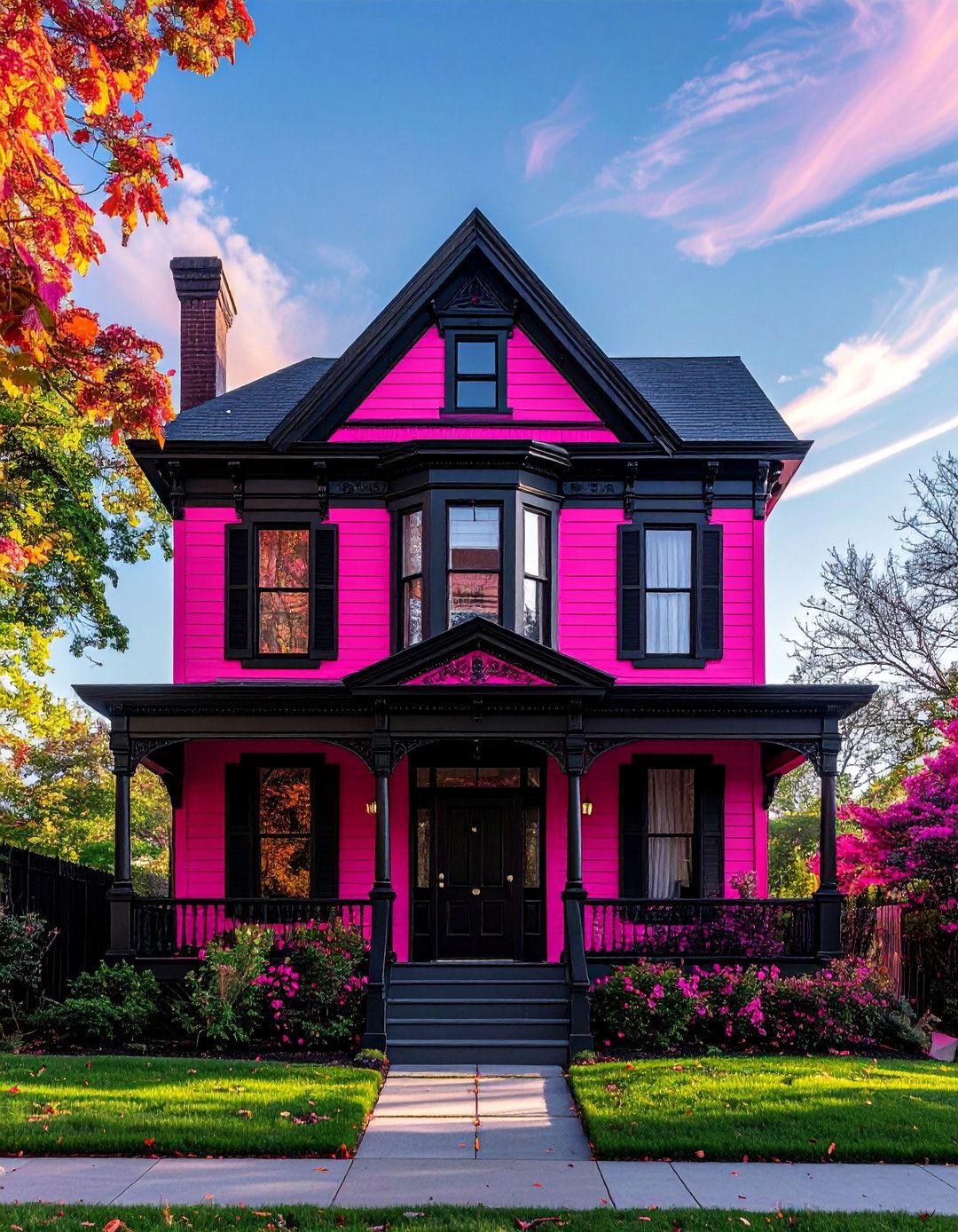 Hot Pink Victorian House with Black Details - 25 Pink Victorian House Ideas for a Charming Home
