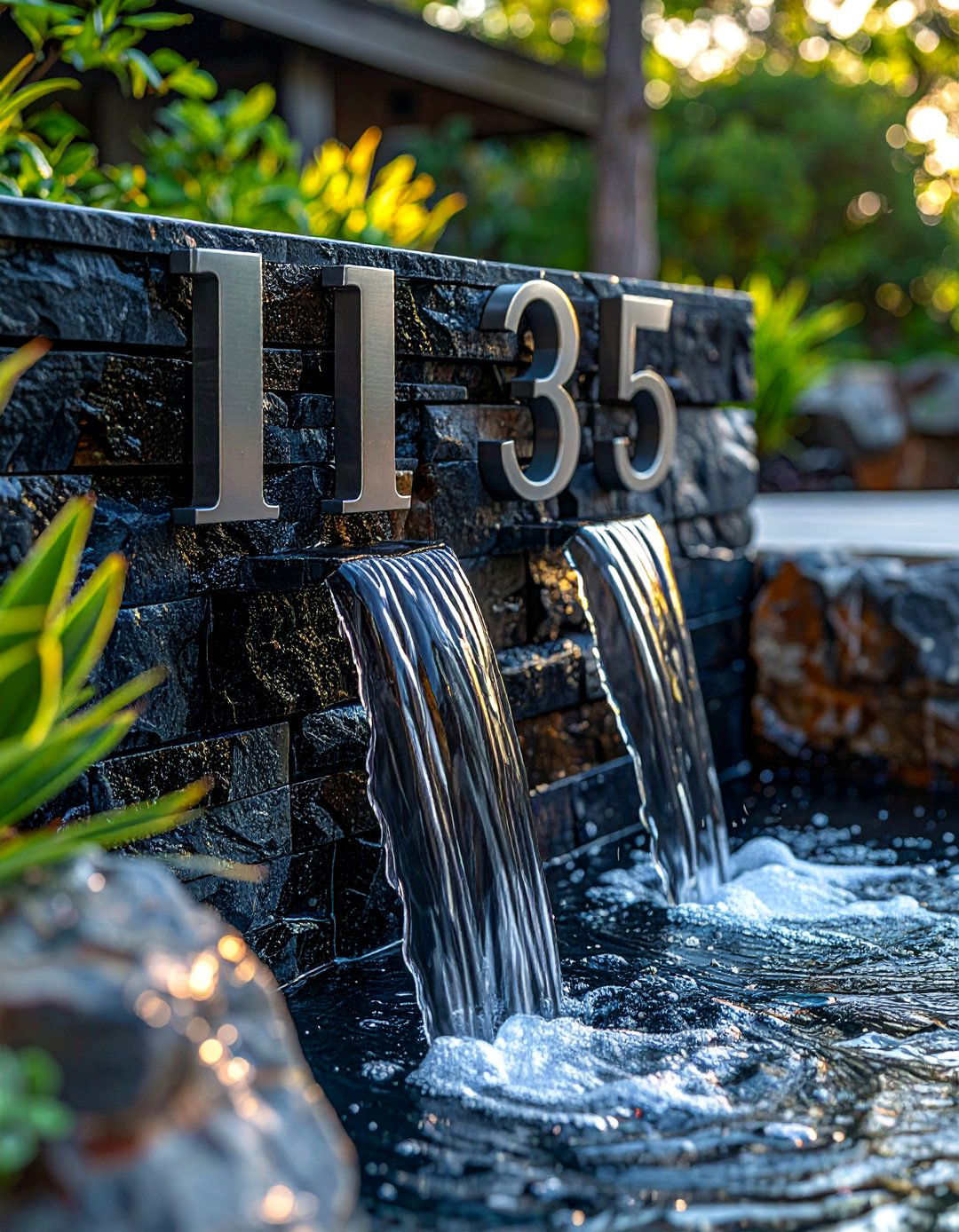 House Numbers Integrated into a Water Feature - 40 House Number Ideas for Curb Appeal
