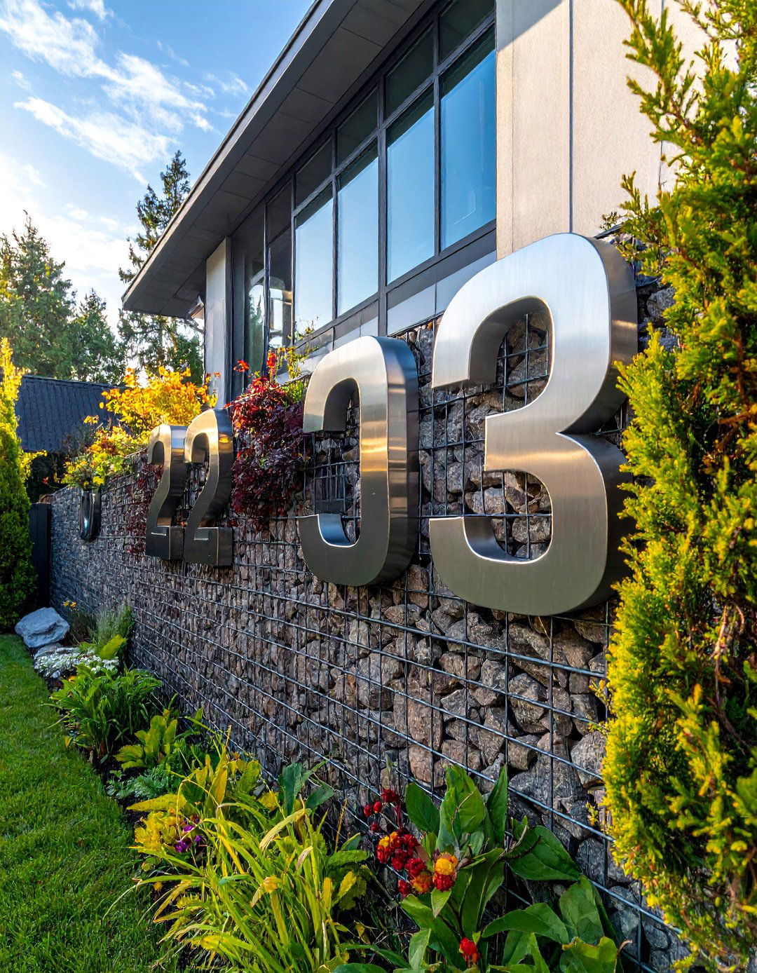 House Numbers Mounted on a Gabion Wall - 40 House Number Ideas for Curb Appeal