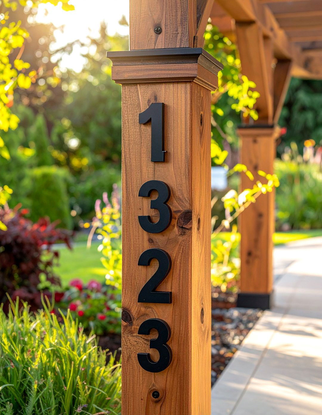 House Numbers on a Custom Pergola Post - 40 House Number Ideas for Curb Appeal