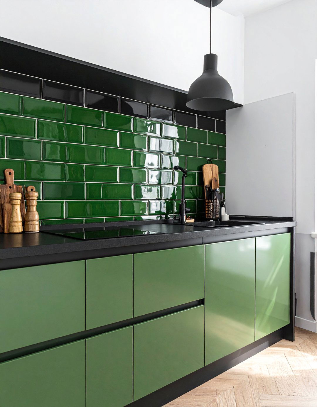 Hunter Green Subway Tile Backsplash and Black Grout - 30 Black and Green Kitchen Ideas for a Modern Twist