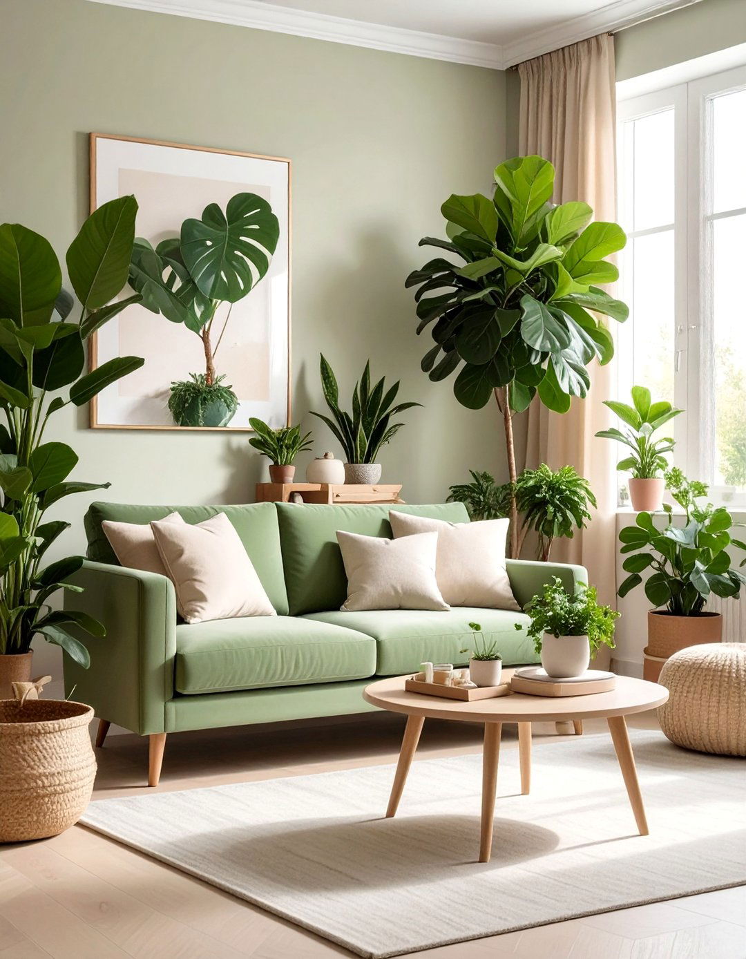 Incorporating Houseplants - 25 Sage Green and Cream Living Room Ideas