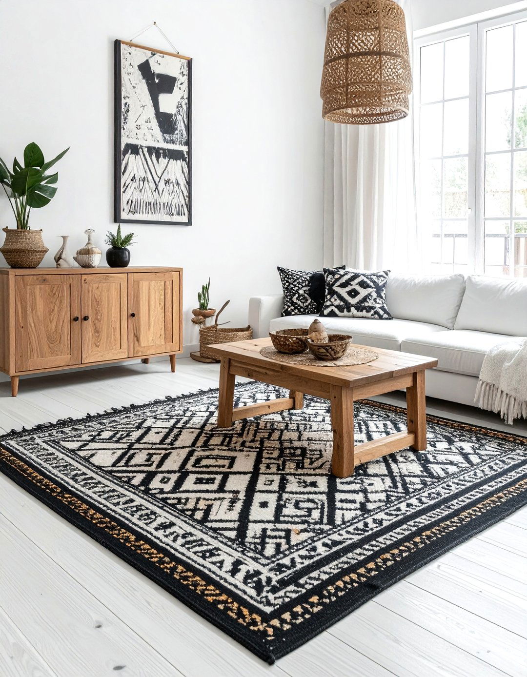 Incorporating Layered Monochrome Rugs - 20 Black and White Boho Living Room Ideas for a Cozy Vibe