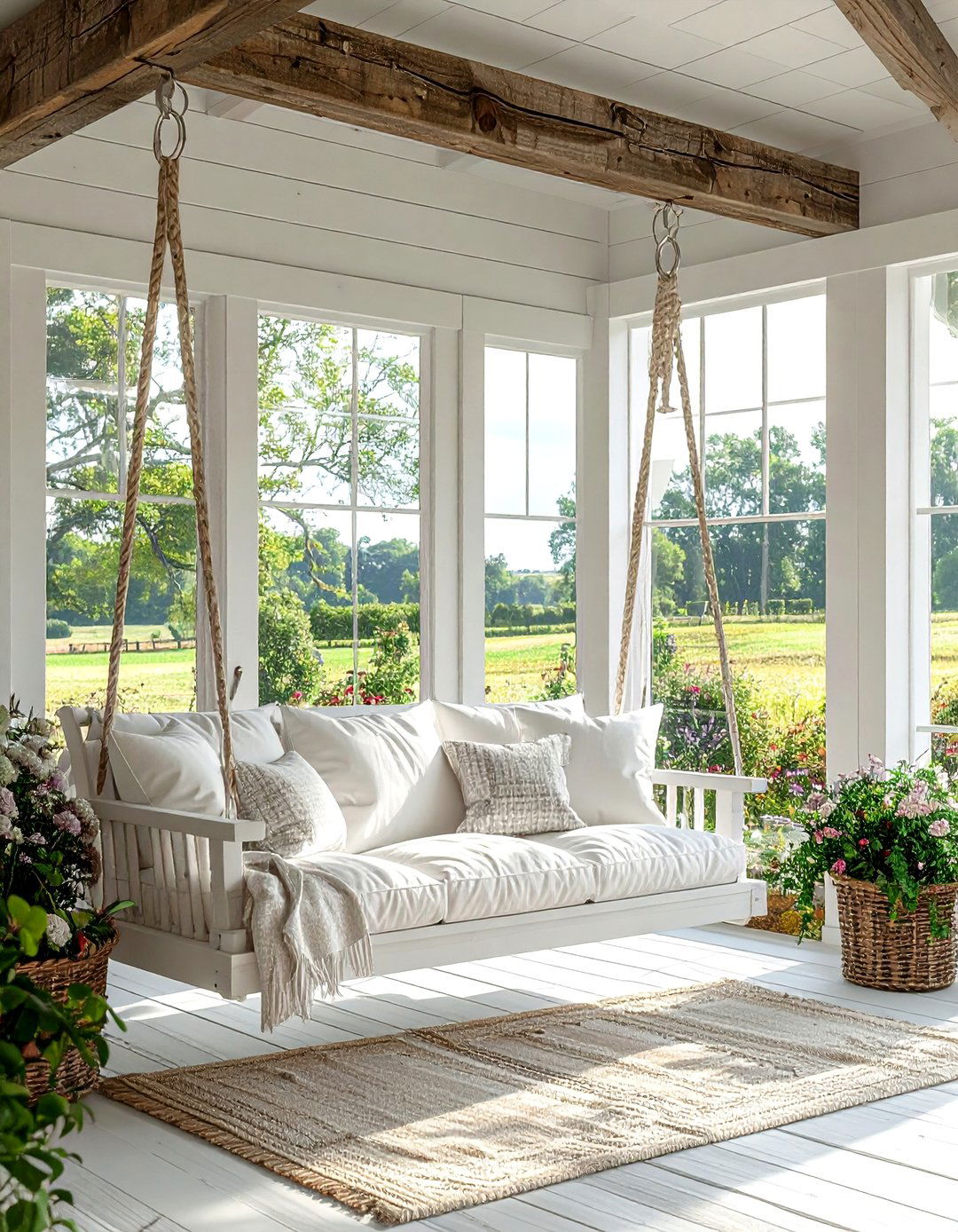 Incorporating a Porch Swing or Hanging Chair - 25 Farmhouse Sunroom Ideas for a Cozy Retreat